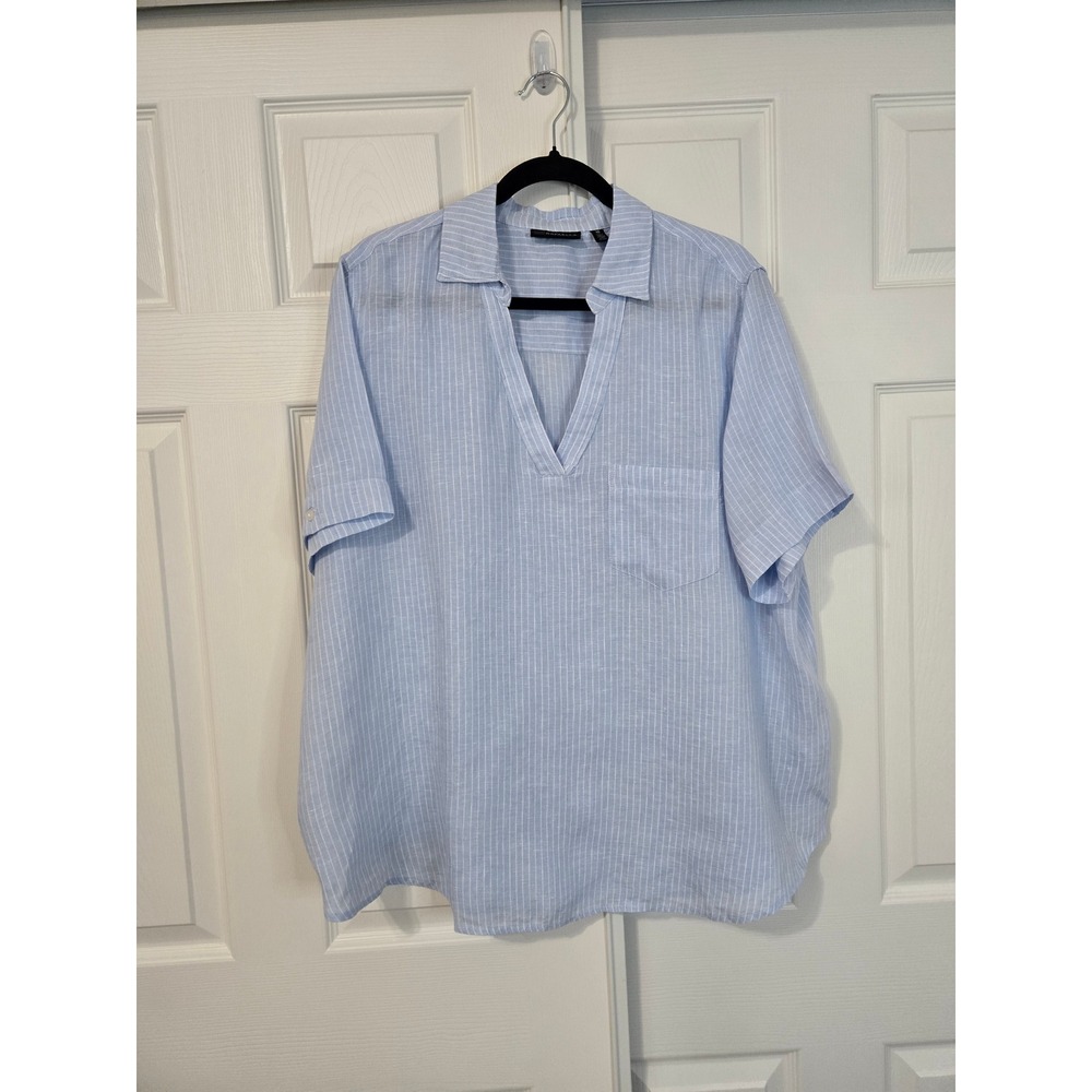 Rafaella 2X Blue Pinstripe Linen Tunic Top Short Sleeve V-Neck